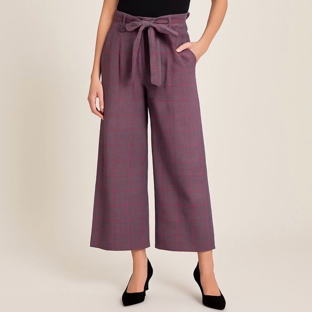 Marine Layer Caroline Purple Cropped Paper Bag Waist Plaid Pants